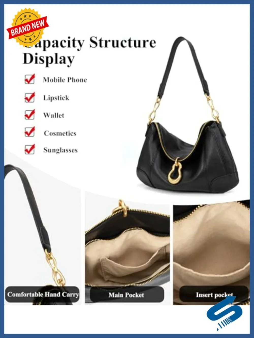 Faux Leather Hobo Shoulder Bag with Gold Hardware